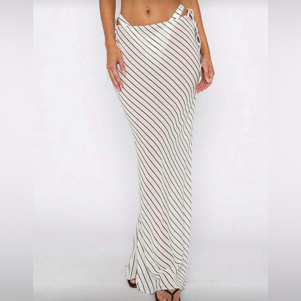 White & Black Striped Mesh Maxi Skirt